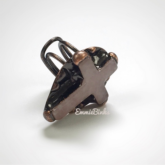 New Genuine Rose Quartz & Copper Cross Statement Ring - Picture 11 of 16